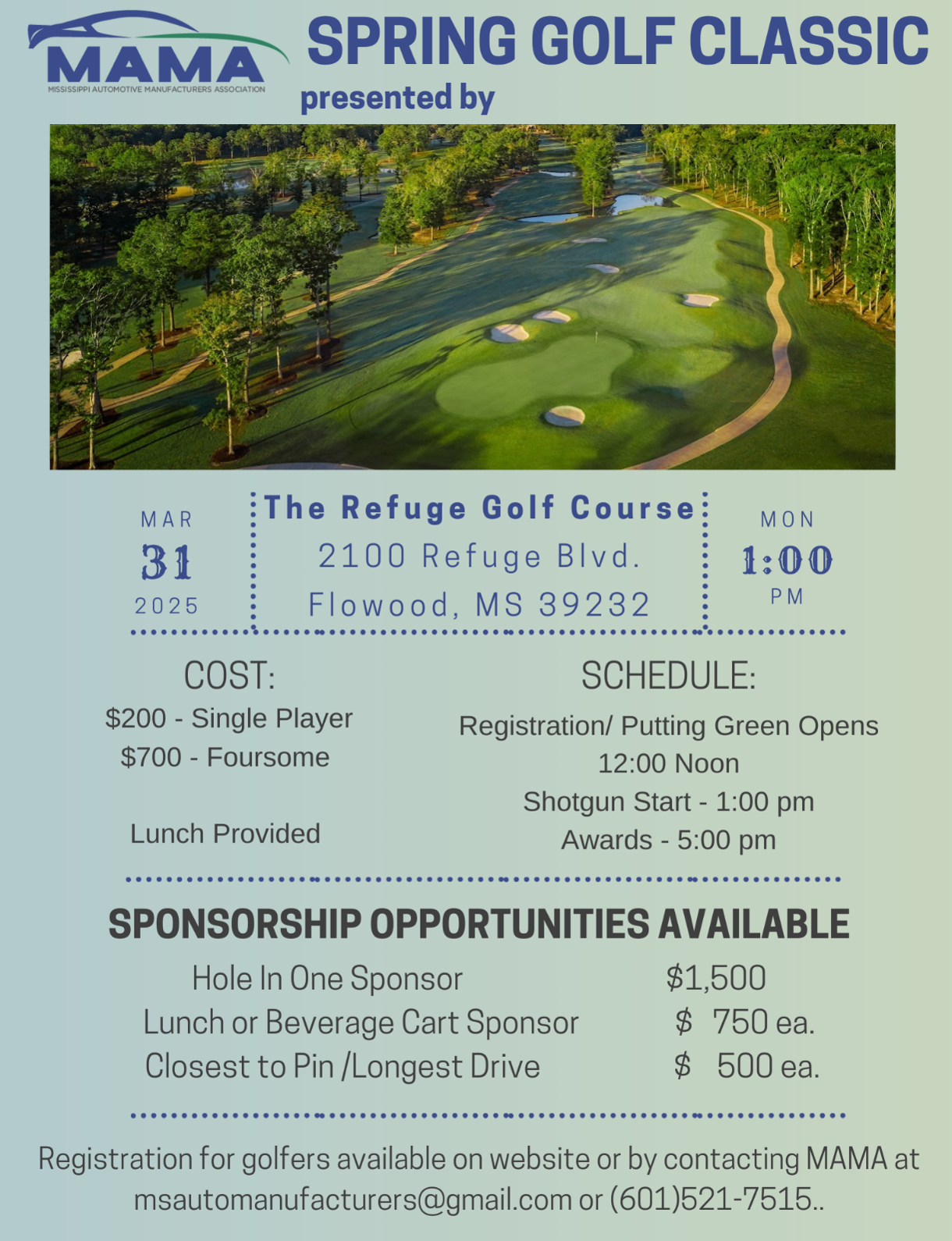 MAMA Golf Tournament Invitation.  Location: the Refuge Golf Course 2100 refuge Blvd. Flowood, MS 39232.  Date: March 31, 2025 Noon CST