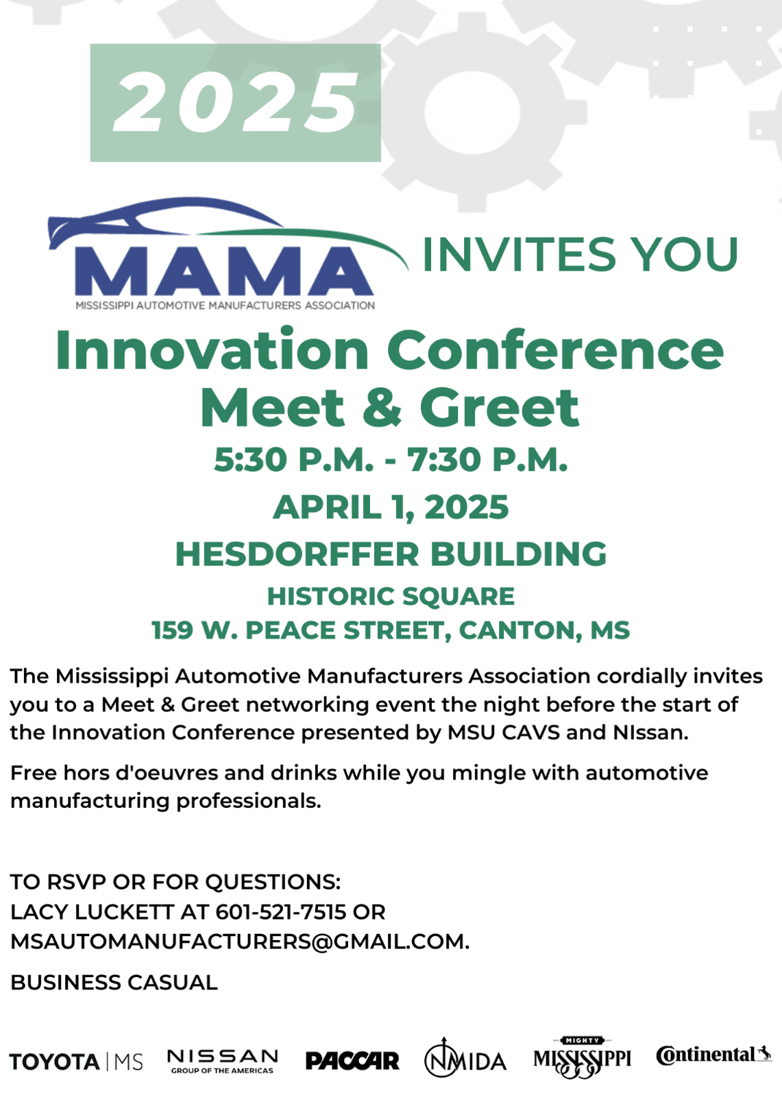 MAMA Meet and Greet Invitation.  Location: 159 W Peace St Canton, MS 39046.  Time: 5:30PM - 7:30PM CST