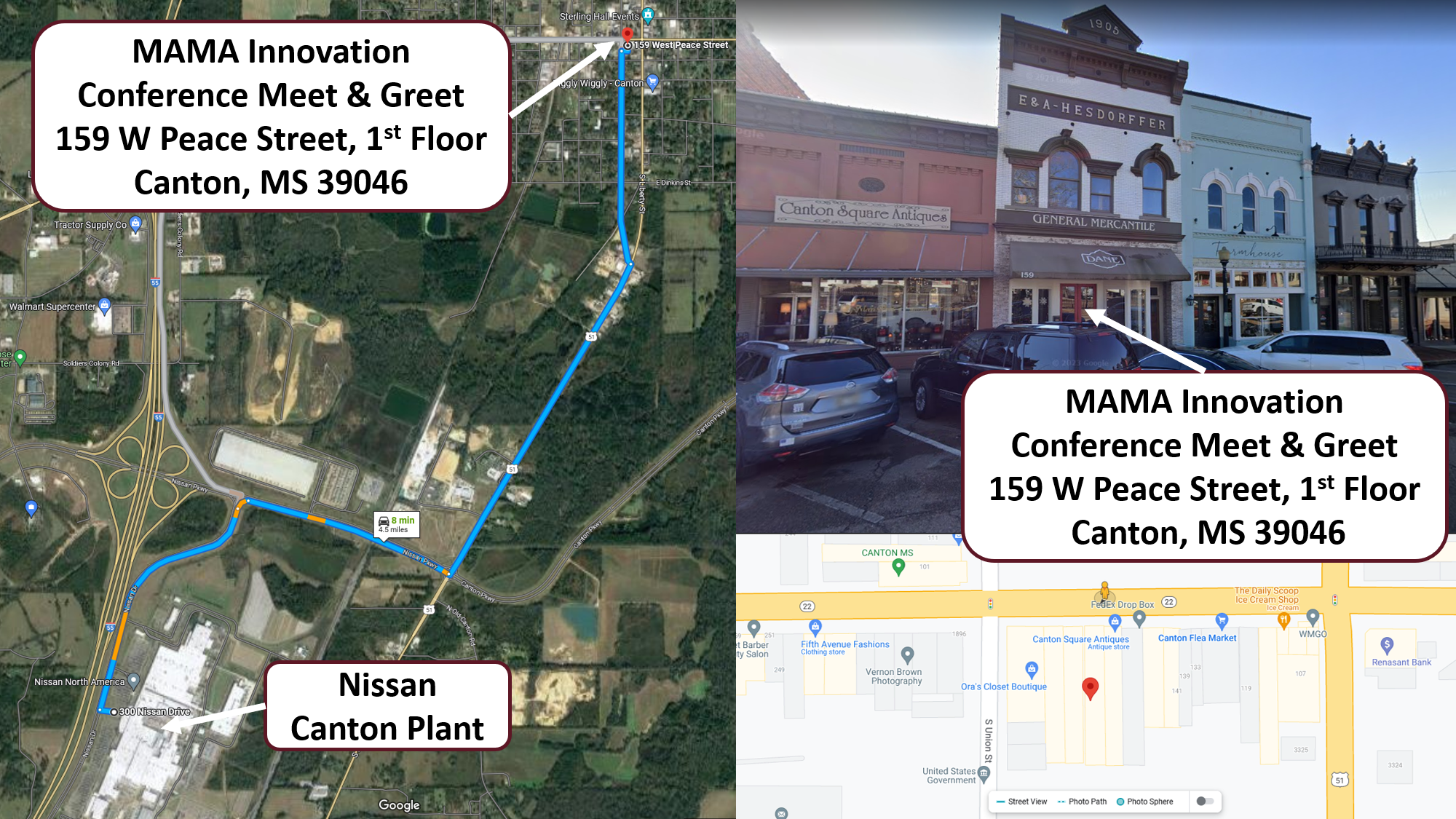 MAMA Meet and Greet Map.  Location: 159 W Peace St Canton, MS 39046.